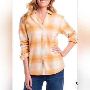 Weatherproof Vintage XL Yellow Orange Comfort Stretch Flannel Pocket Women Shirt